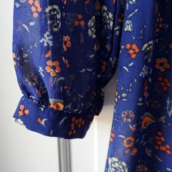 FOREVER 21 Blue floral dress boho cottage prairie puff sleeve ruffle large - Picture 5 of 10